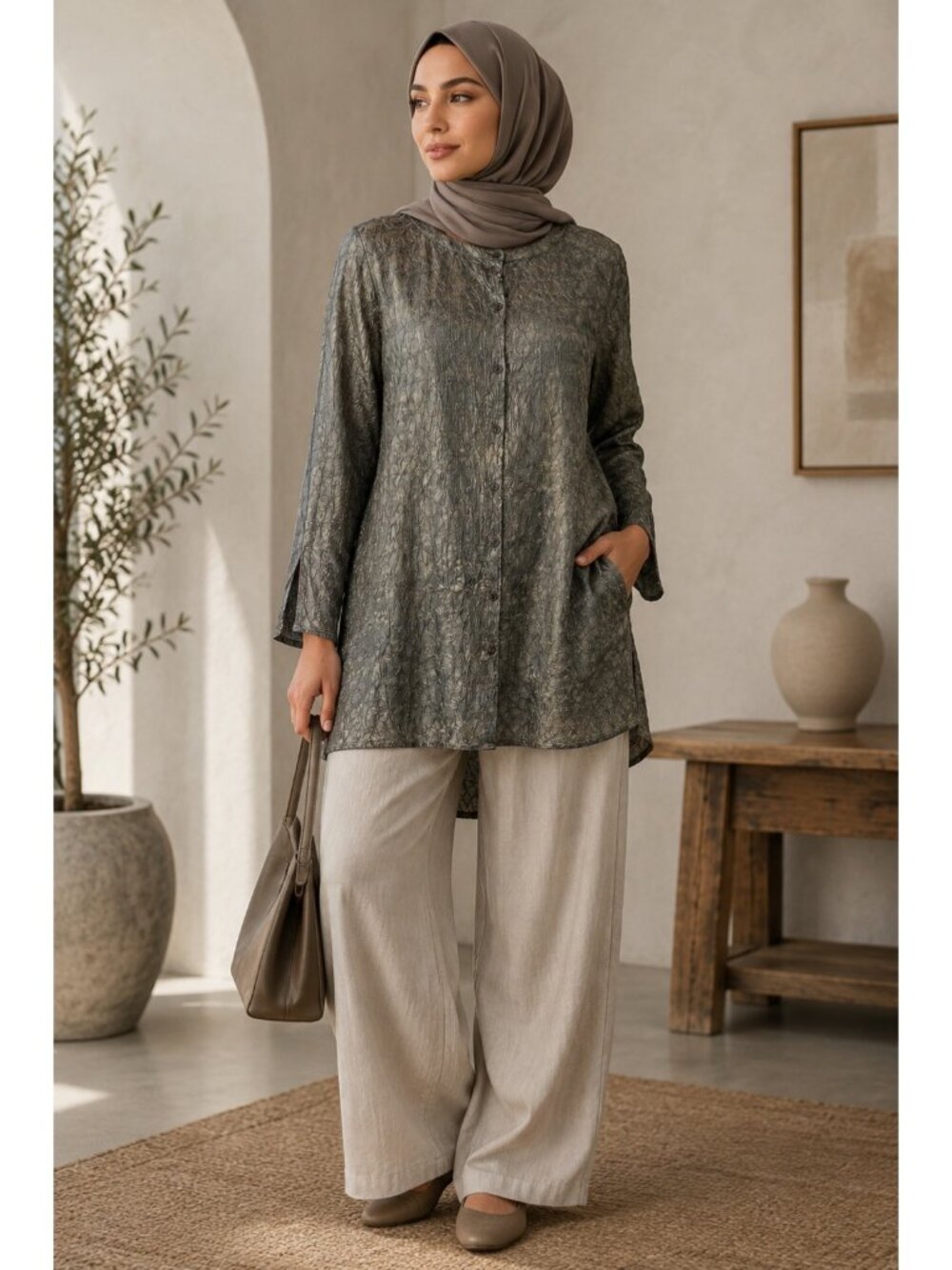 Eileen Fisher M 100% Silk Crinkle Tunic Top Button Front Textured Gray Lagenlook